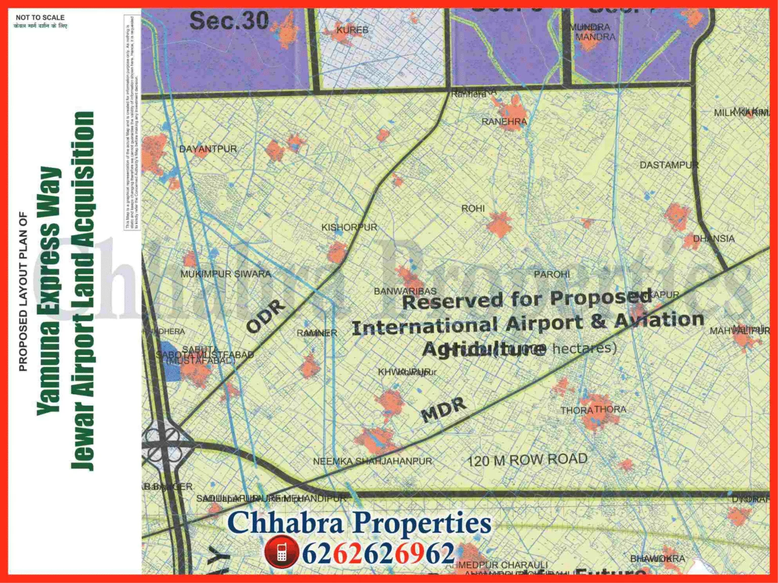 Map showing Yamuna Expressway corridor highlighting land acquisition areas for Jewar International Airport, including affected sectors, road connectivity, and future development zones.